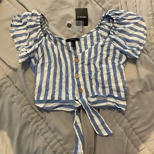 blue and white striped cropped shirt